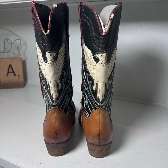 Sam Edelman Western Cowboy Boots Eagle Stitch Leather Brown Women’s 9.5M